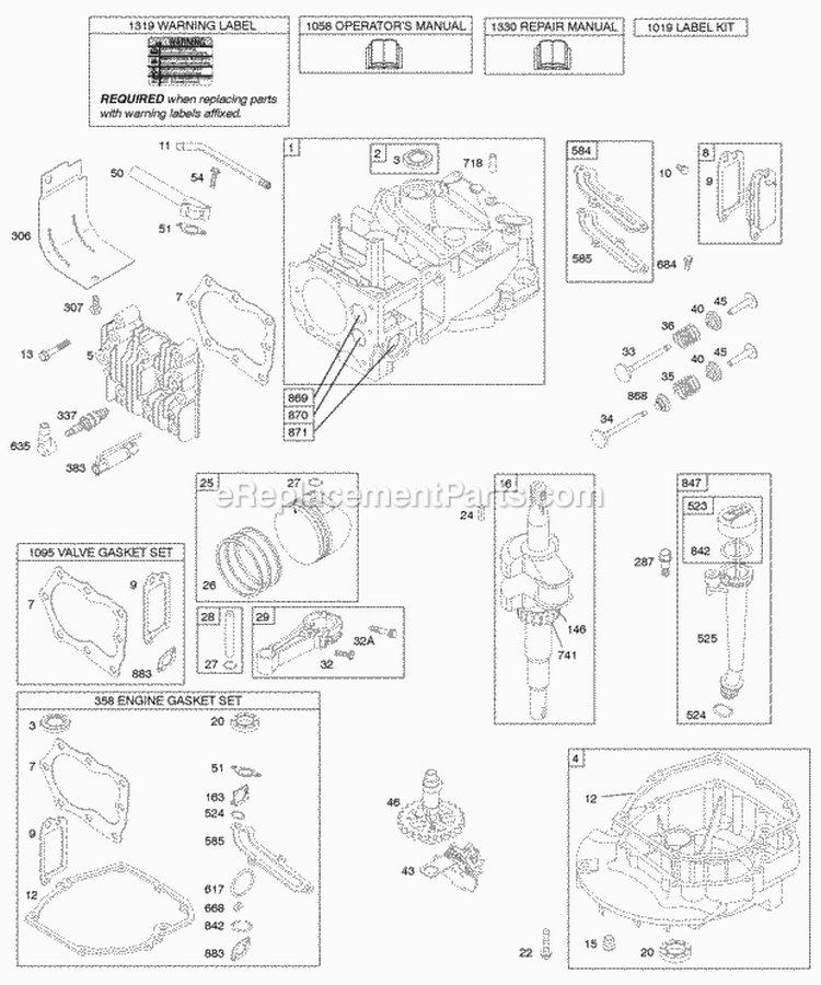 Camshaft Crankshaft Cylinder Engine Sump Lubrication Piston Group Valves Diagram and Parts List for  Briggs and Stratton Engine